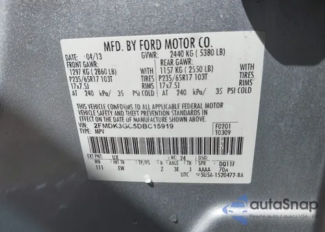 2013 Ford Edge Se z USA, uszkodzony, nr VIN 2FMDK3GC5DBC15919